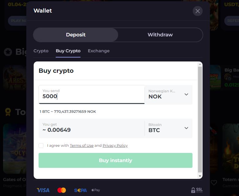 CryptoLeo innskudd med NOK