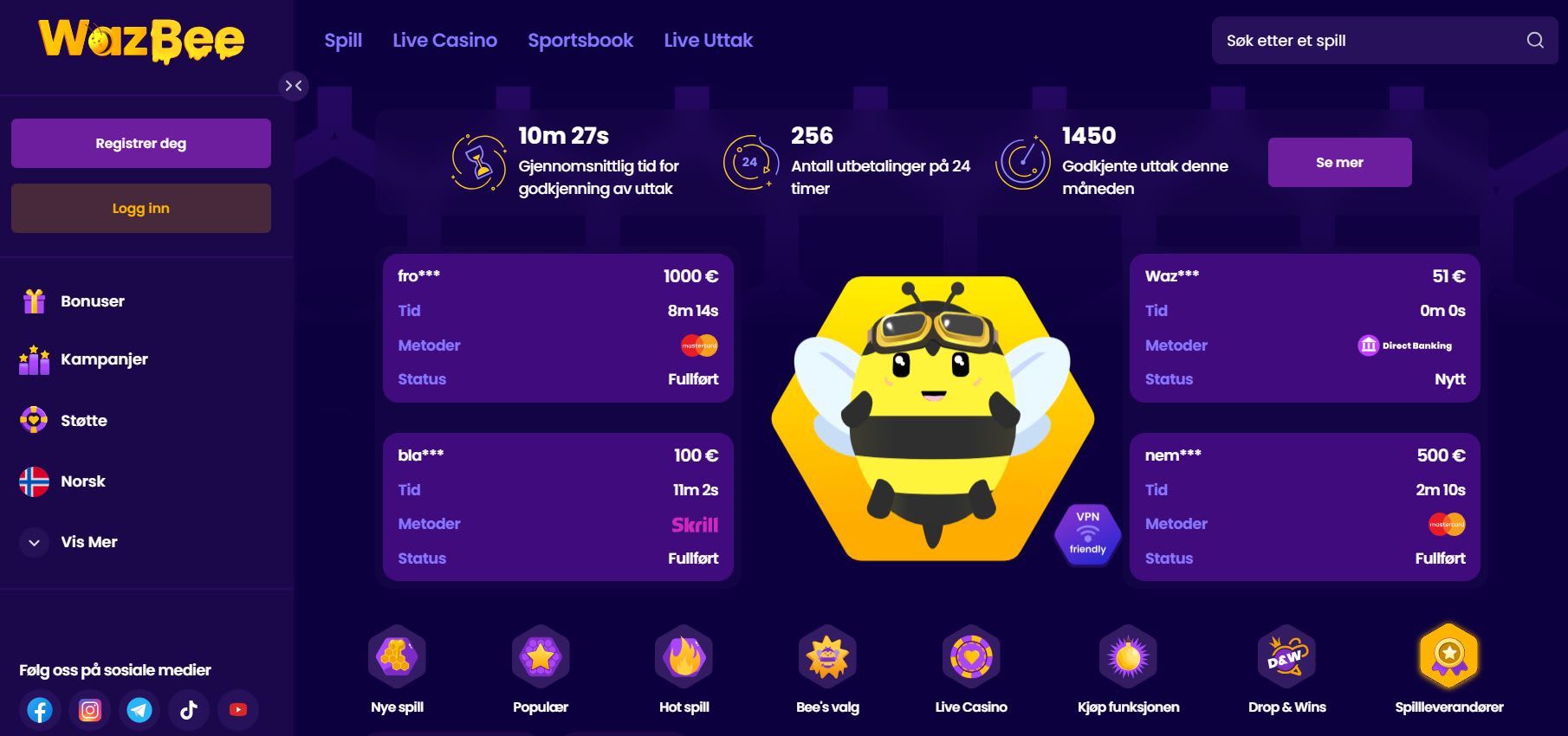 WazBee Casino Norge 2024