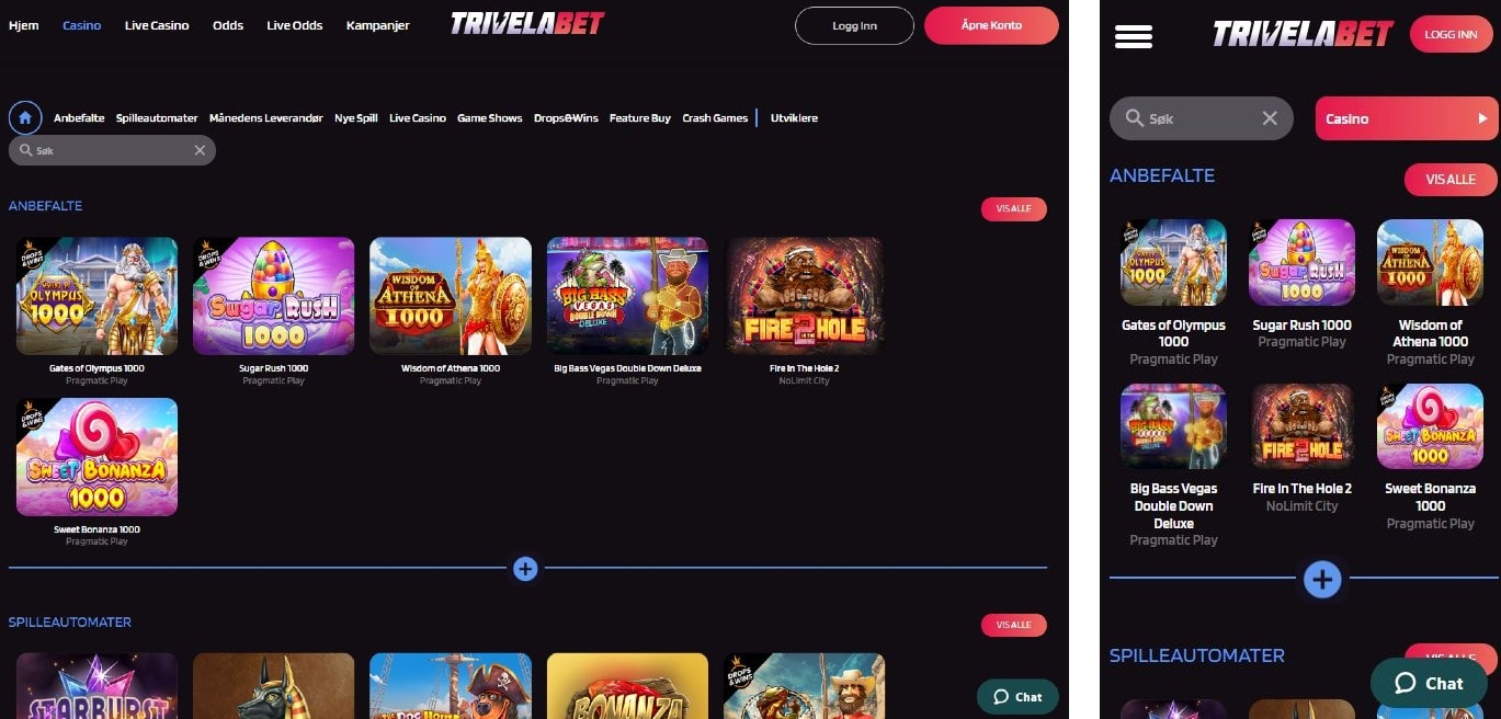 TrivelaBet Casino desktop/mobil
